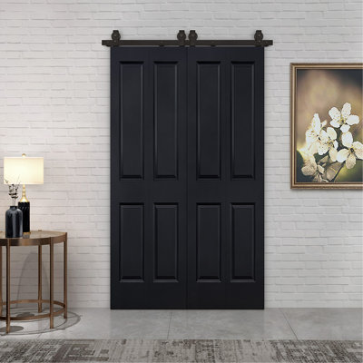 Porte de grange double en panneau de fibres à densité moyenne peinte noire 48 po x 80 po à 2 panneaux avec quincaillerie coulissante