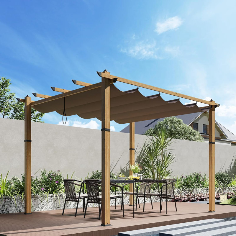 Outdoor Retractable Pergola Aluminium Pergola Canopy with Adjustable Roof, Upgraded Faux Wood Grain Modern Metal Patio Pergola for Deck, Backyard Garden, Porch, Grape Trellis