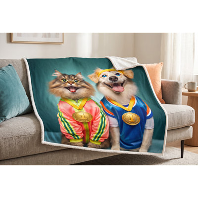 Plush Cat and Dog Champions Sherpa Throw Blanket, 48 x 60 inches, Soft and Cozy Photorealistic Fleece Throw for Couch or Bed, Funny Pet Lover Gift