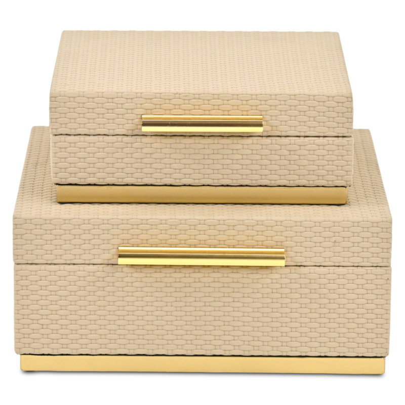 Ensemble de boîtes carrées à motif tissé Jude avec quincaillerie dorée, Beige