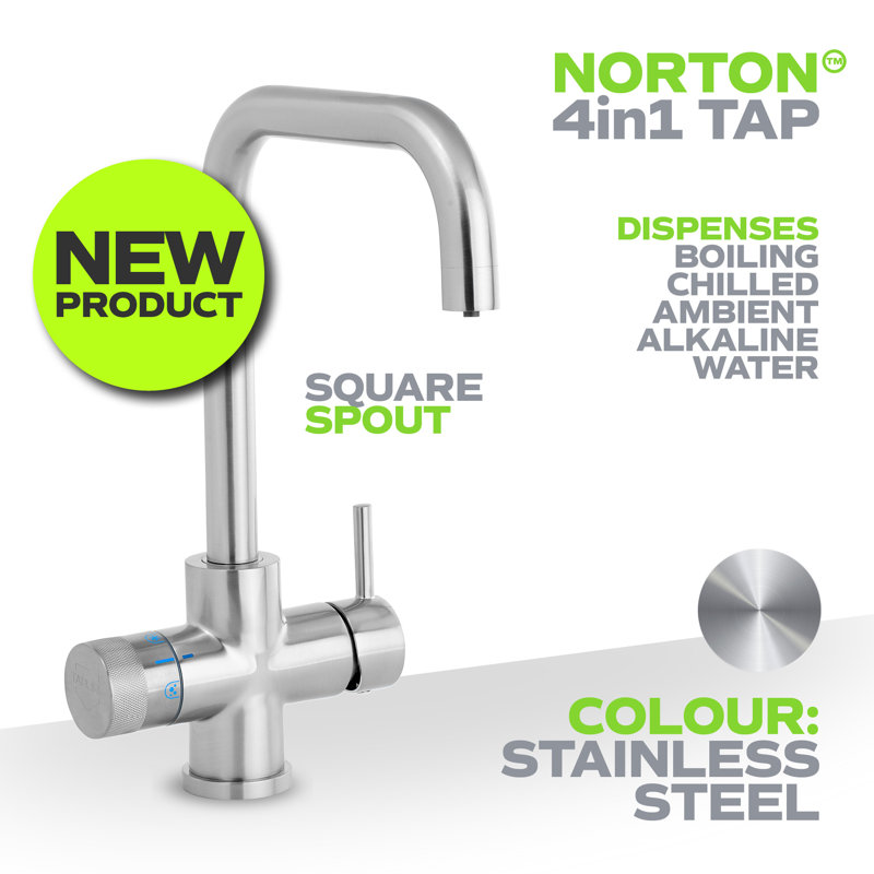 Stylish & Durable NORTON Square 4-in-1 Tap Spout Filtered Boiling, Chilled, And Ambient Water Filter, Stainless Steel