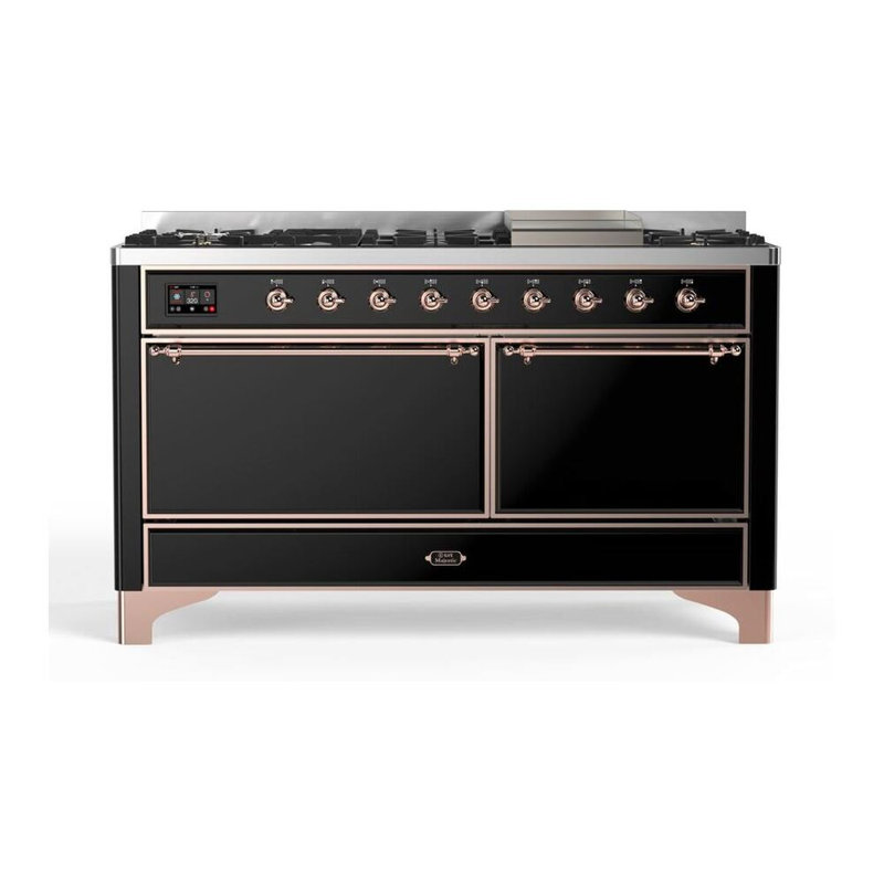 ILVE Majestic II Series 60 inch Dual Fuel Range with 9 Burners, Griddle (Glass Door), Copper/Glossy Black, Liquid Propane