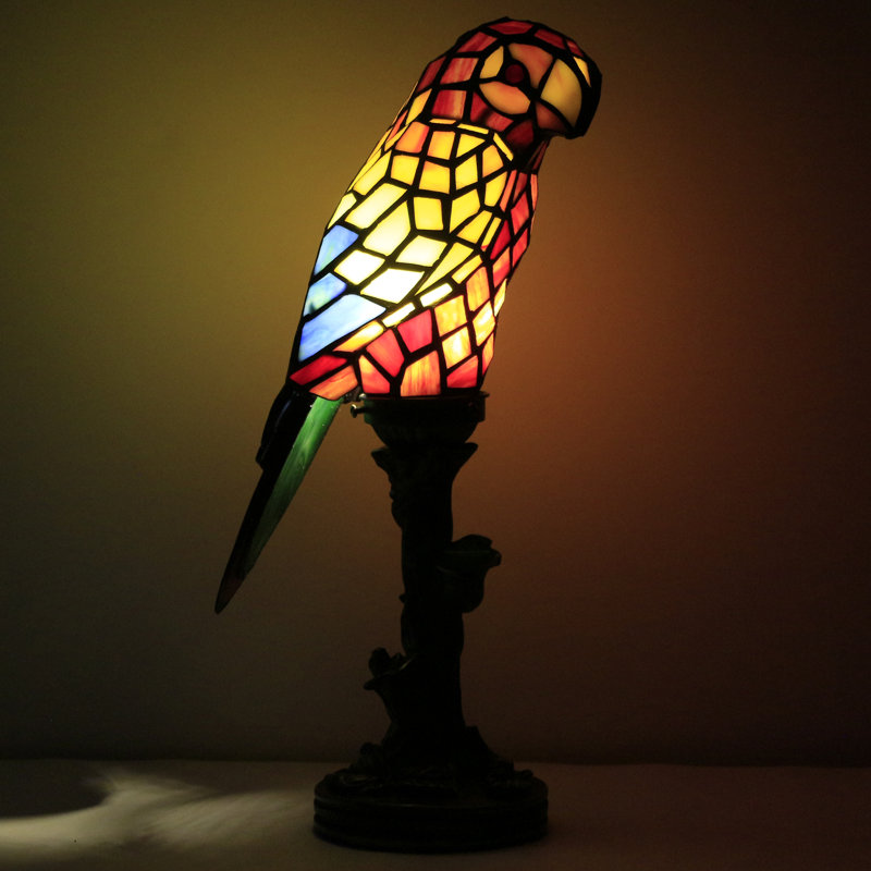Small Tiffany Lamp Parrot Table Lamp Stained Glass Accent Lamp 15.3 Inch Tall Mini Desk Bedside Night Light for Kids Bedroom (Blue)