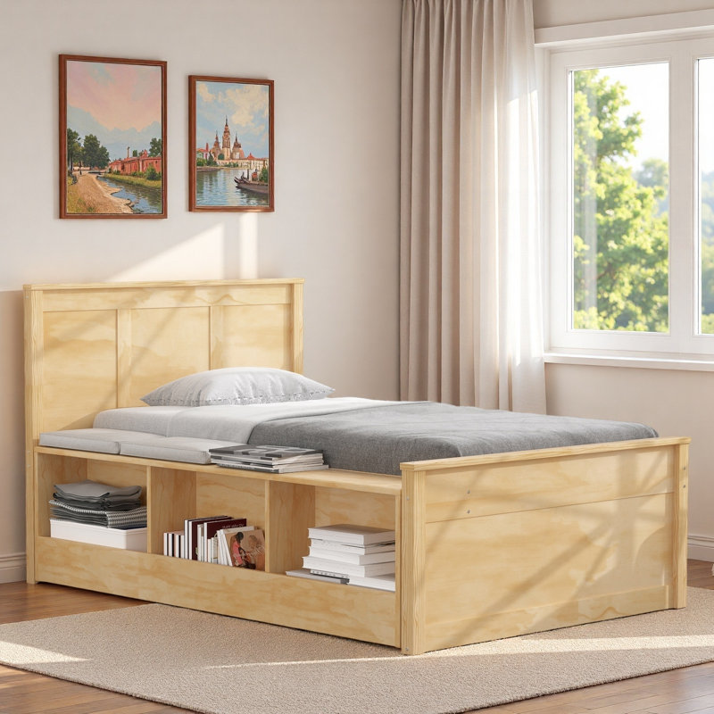Lit plateforme en bois avec lit gigogne escamotable et compartiments de rangement latéraux, Lit simple, Naturel