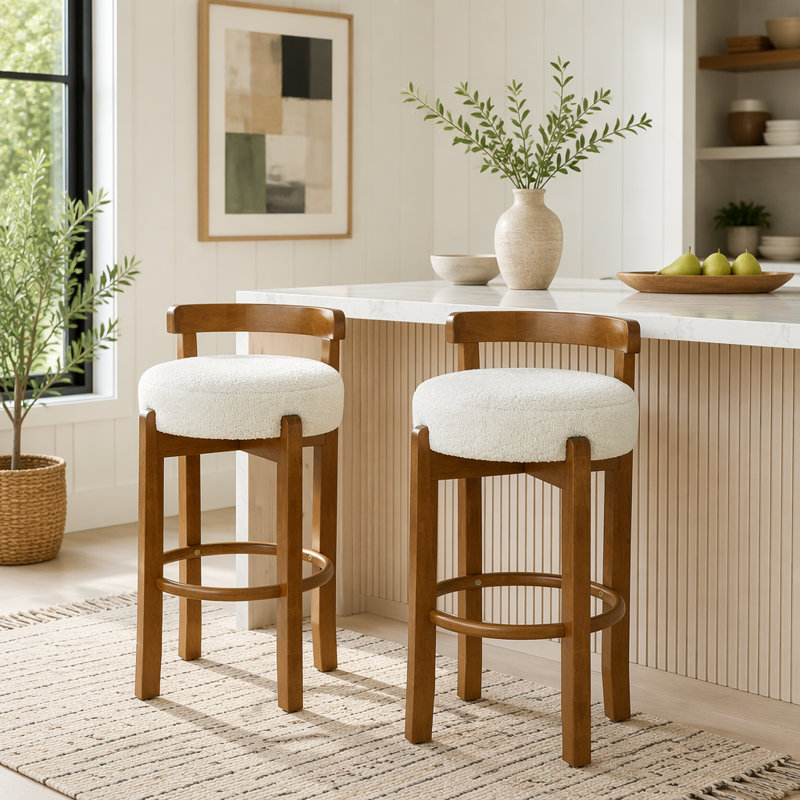 Tabouret de bar d'intérieur en bois à dossier bas, Noyer, blanc