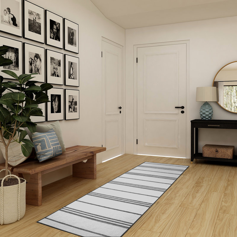 Tapis à rayures rayées gris et blanc tissé à plat brun / blanc, Tapis de couloir 2 pi 6 po x 7 pi