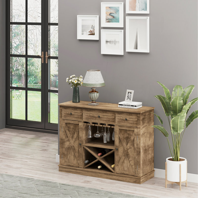 Armoire-bar Farmhouse, armoire à vin avec 3 tiroirs, armoire buffet avec support à vin en forme de X et porte-verres à pied, grain de chêne rustique