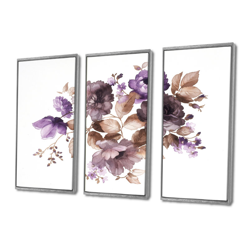 Fleurs mauves rétro avec feuilles brunes - 3 pièces, reproduction sur toile, H 32 po x l 48 po, Argent