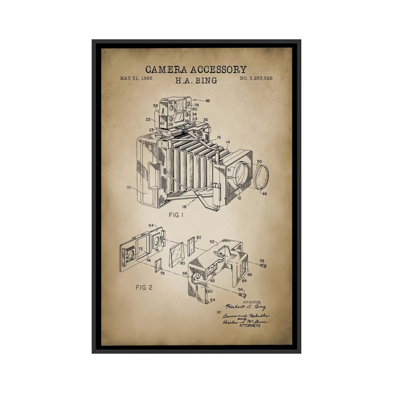 « camera accessoires, beige », impression sur toile, H 26 po x l 18 po x P 1,5 po, Toile avec cadre noir, Pas de tapis