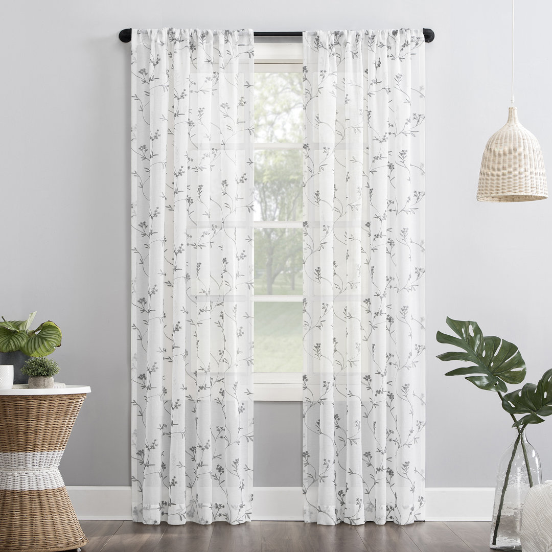Joaquim Floral Embroidery Sheer Rod Pocket Single Curtain Panel Alcott Hill® Curtain 