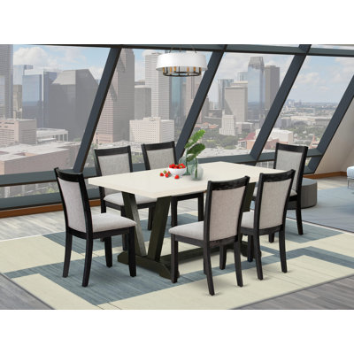 Ensemble de table de salle à manger 7 pièces à plateau moderne blanc avec base en tréteaux et 6 chaises de salle à manger en tissu de lin Shitake - finition noire brossée
