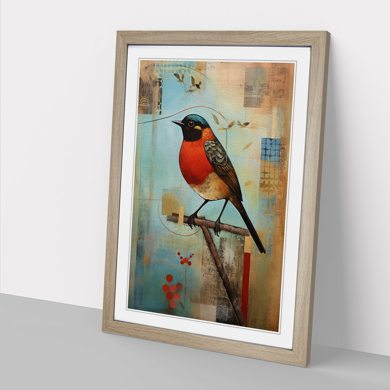 Robin Bird Constructivism - Single Picture Frame Print on Wood, Oak, 46cm H x 34cm W x 2cm D