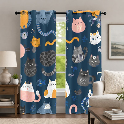 2Pcs Navy Blue Cat Pattern Curtains, Cartoon Style Window Drapes, Whimsical Animal Print Grommet Panels, Decorative Window Treatment for Bedroom Living Room Decor