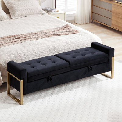 Drewes 66'' W Velvet Storage Bench for Bedroom End of Bed with Double Lids,Gold Legs