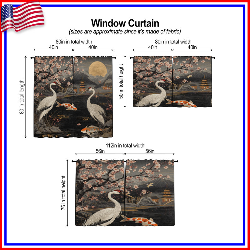 Rideaux de fenêtre Cherry Blossom Cranes, 40 po x 61 po - 2 panneaux, Sheer
