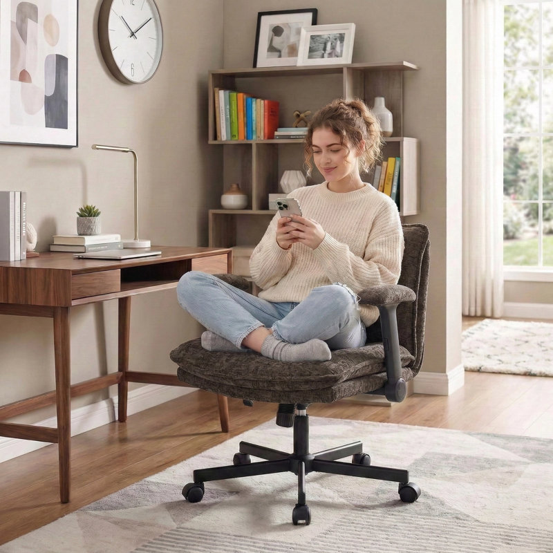 26in W Teddy Velvet Home Office Chair,350LBS Crosslegged Desk Chair with Lumbar Support&Adjustable Armrests, Brown