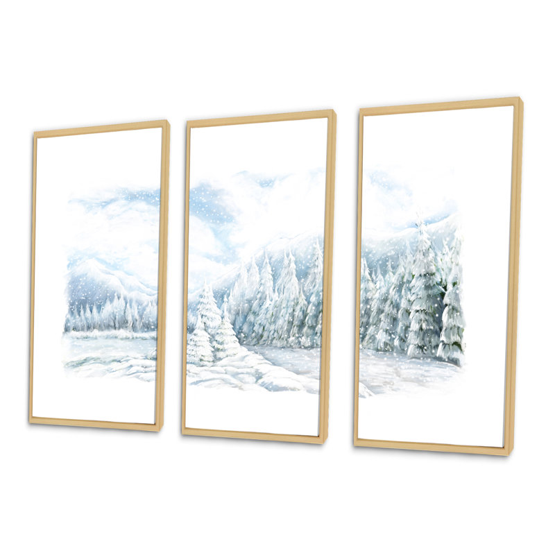«Christmas Winter Happy Panorama», ensemble de 3 toiles encadrées, H 20 po x l 36 po x P 1 po, Encadrement doré