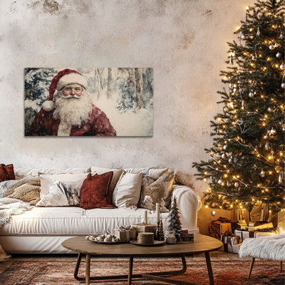 Art mural sur toile GUTTATY Santa Claus, impressions sur toile de Noël, décoration murale de scène de forêt d'hiver classique, œuvre d'art festive pour salon, chambre à coucher ou couloir, 32 x 16 po
