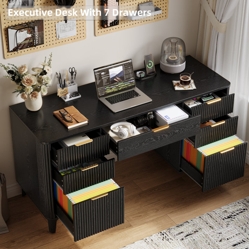 Bureau de direction cannelé 55,1 po avec tiroirs, bureau à domicile avec station de recharge, Noir