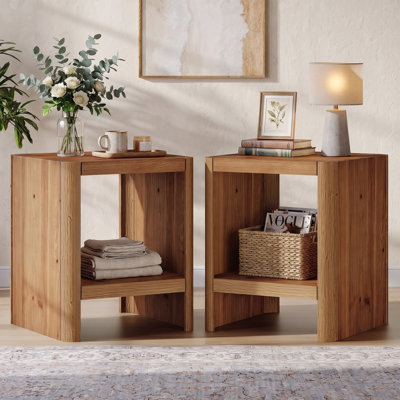 Table de bout en bois massif, table d'appoint carrée rustique à 2 niveaux