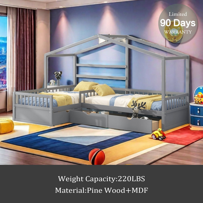 Twin Size House Platform Bed With Three Storage Drawers, Gray
