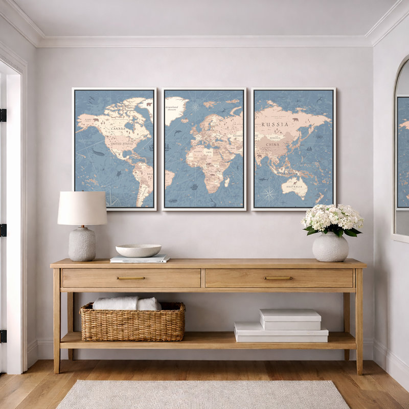 Carte du monde «Blue Global Antique Atlas, H 24 po x l 48 po, Reproduction avec cadre flottant, Blanc