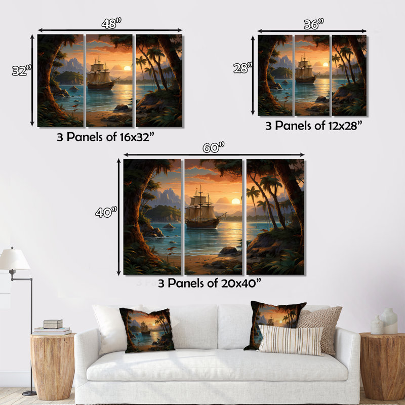 Pirate Boat Lost Isles On Canvas Print, 30" H x 40" W x 1.5" D, Maple Floater Framed
