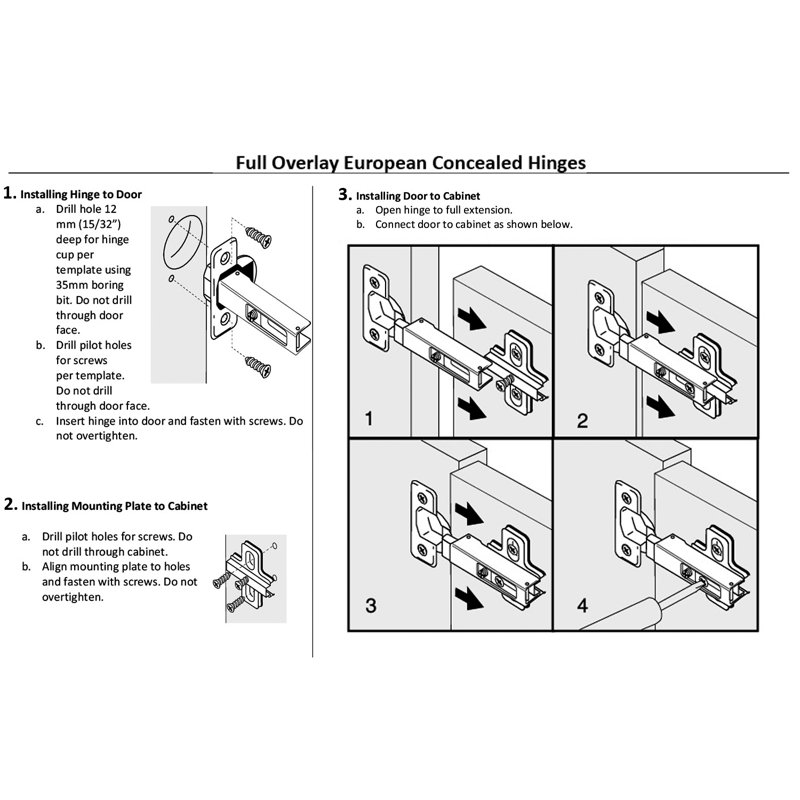 105 Degree Full Overlay Frameless Concealed Cabinet Hinges Set