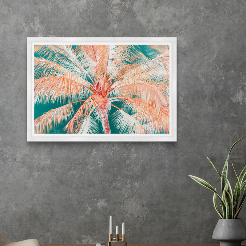 Palmier tropical en orange et vert, Cadre blanc, H 35,5 po x l 54,75 po x P 1,5 po
