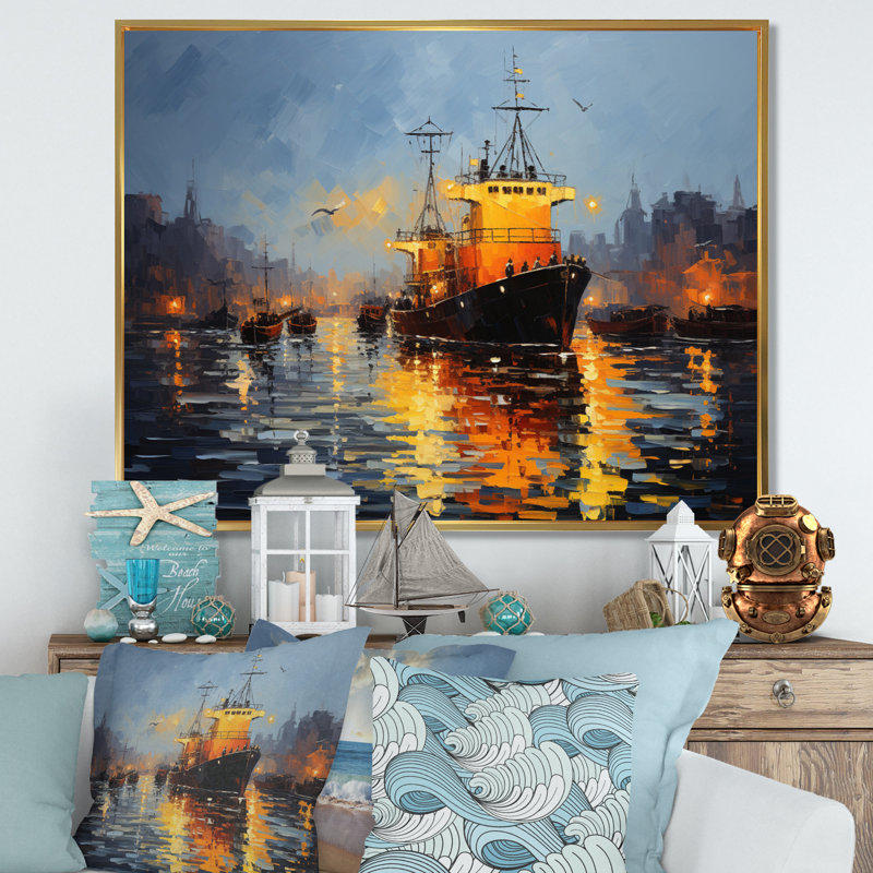 Port Harbor Symphony Pointillism, Encadrement doré, H 16 po x l 32 po x P 1 po