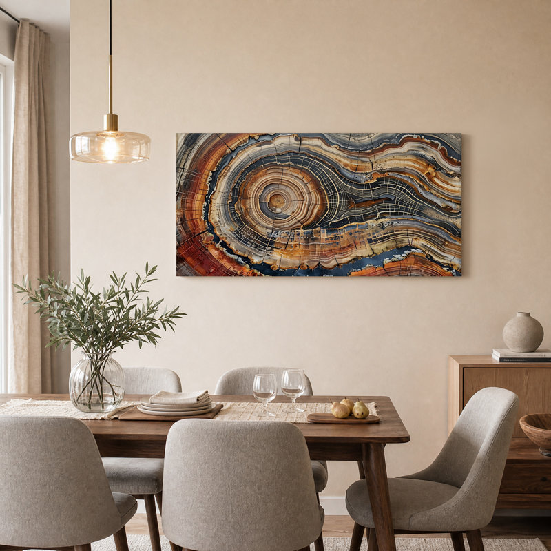 Tranche d'agate macro beige et brune avec quadrillage, tableau sur toile, 46“W x 24”H