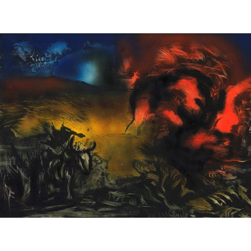 Paysage avec bouvillon, H 18 po x l 24 po
