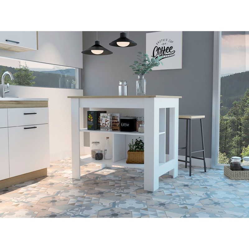 Îlot de cuisine antibactérien, trois tablettes, quatre pieds - chêne clair / blanc, Chêne pâle / blanc
