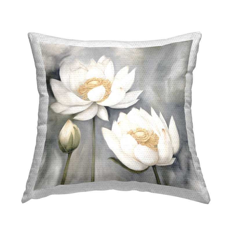 Coussin d'extérieur blanc imprimé lotus blancs sur fond gris par Kim Allen