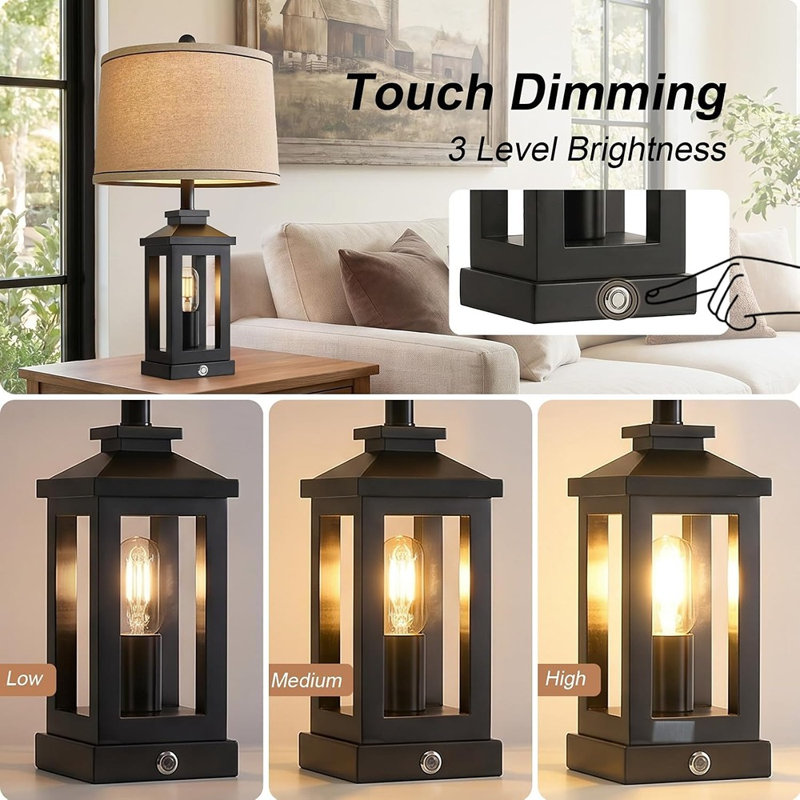 Ensemble de 2 lampes de chevet rétro de style ferme, noires, à commande tactile, avec variateur à 3 niveaux, ports de chargement USB A et C, double source lumineuse et ampoules incluses.