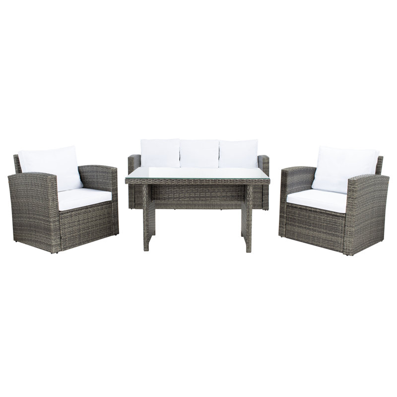 Curstin 5 - Person Wicker Patio Dining Set with Rectangular Table , Cushions Included, Gray Brown 