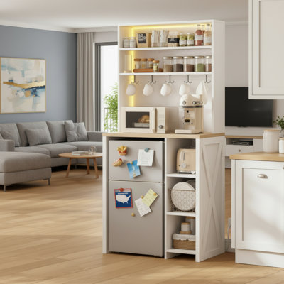 Featuring A Mini-Fridge Compartment, Microwave Rack, Power Outlet, LED Light, And 5 Hooks, Suitable For Dining Rooms And Living Rooms.