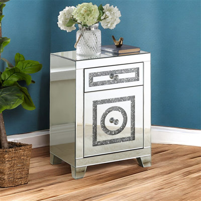 Elegant Ravine Mirrored & Faux Diamond Accent Table – Two Self-Closing Drawers with Glamorous Modern Design for Home