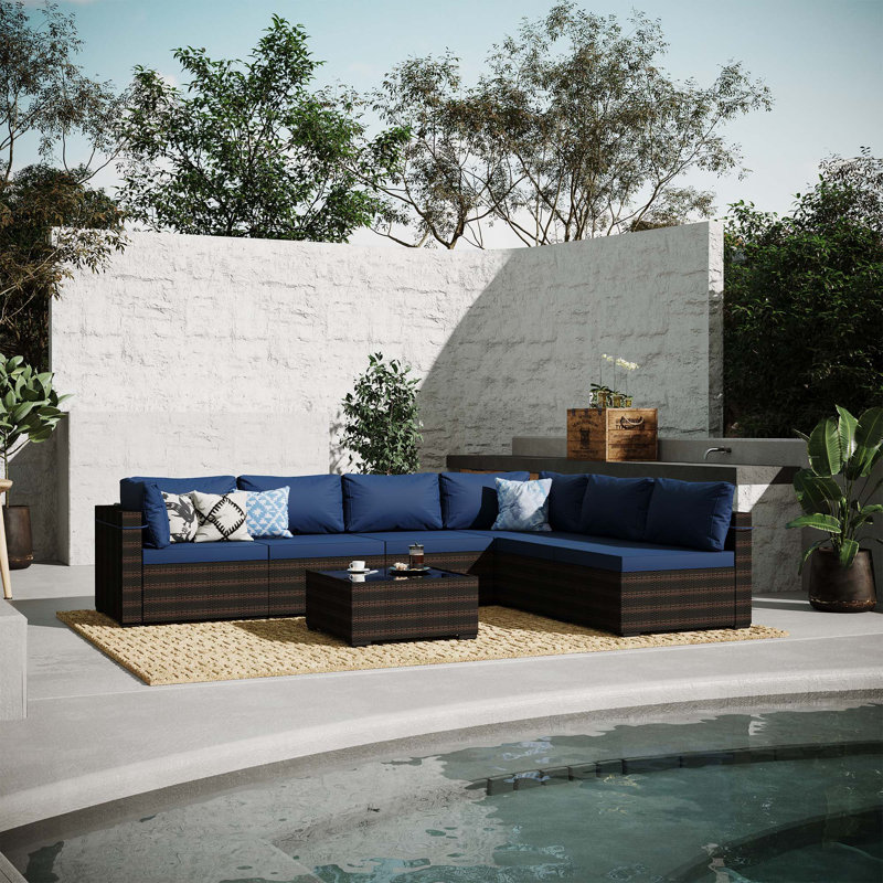 Ensemble de conversation modulaire en rotin 7 pièces avec coussins Cahangir, Bleu marine