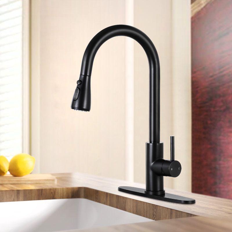 Robinet de cuisine rétractable à poignée simple avec douchette, Noir mat