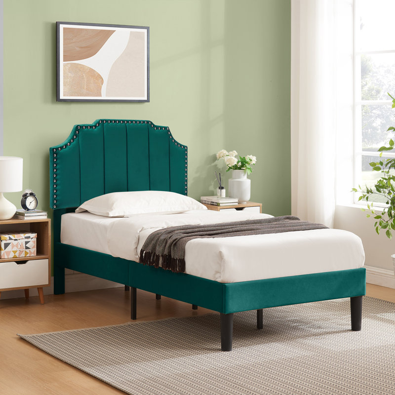 Tamerlan Twin Size Set Upholstered Adjustable Headboard Noiseless Platform Bed, Dark Green