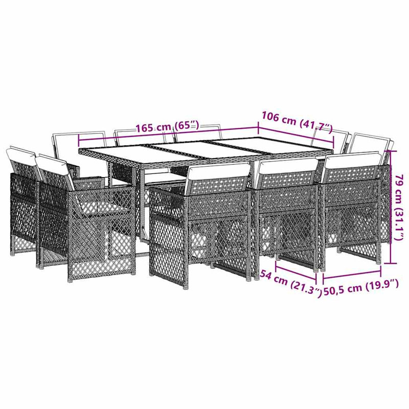 Patio Dining Set Table,, 11 Pieces: Table, 10 Chairs, 73cm H x 165cm W x 106cm D, Cream White Cushion/Black Frame