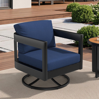 Chaise berçante pivotante à dossier demi-tonneau moderne avec structure en aluminium gris foncé et coussins Sunbrella