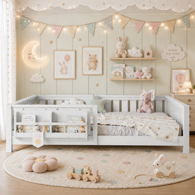 Queen Size Kids Floor Bed With Fence And Built-in Bookshelf,Queen Size Montessori Floor Bed With Slats And Safety Guardrail,Easy Assemble Montessori Beds for Kids,White Floor Beds