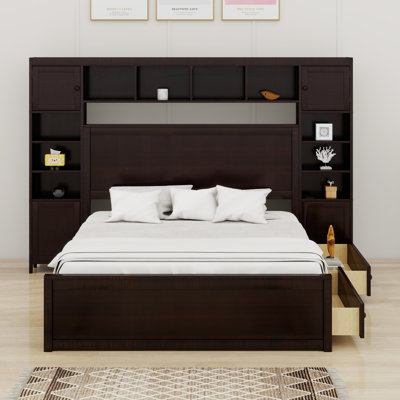 Lit en bois avec armoire tout-en-un, tablette et douilles, tiroirs