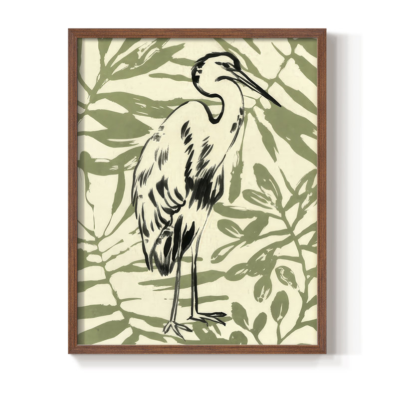 Retro Parlour Heron III Framed Print - Solid Wood, H 15 po x l 12 po, Walnut