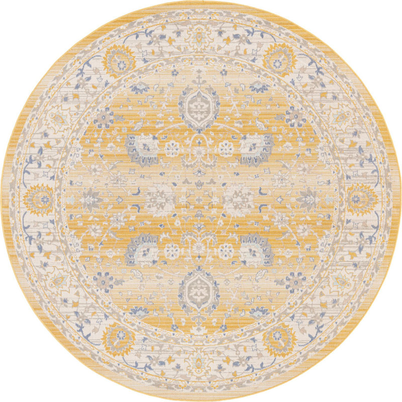 Tapis traditionnel Denena couleur moutarde, Rond 7 pi