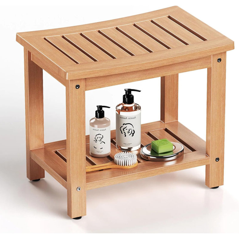18,4 po Banc de douche en poly en bois avec tablette de rangement, Naturel