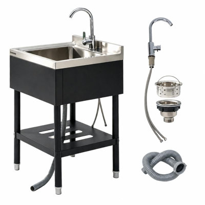 Bassin utilitaire autoportant de 56 cm (22 po) en acier inoxydable avec robinet eau chaude/froide pour buanderie, cuisine et usage extérieur – Qualité commerciale, noir