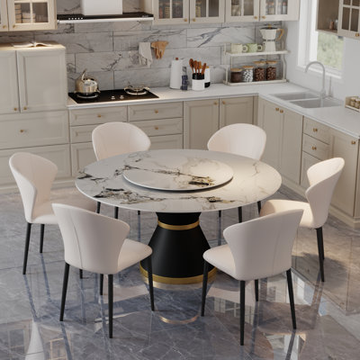  6 - Person Sintered Stone Top Pedestal Dining Set With Lazy Susan